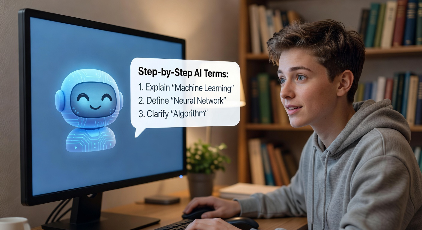 Friendly chatbot explaining AI terms