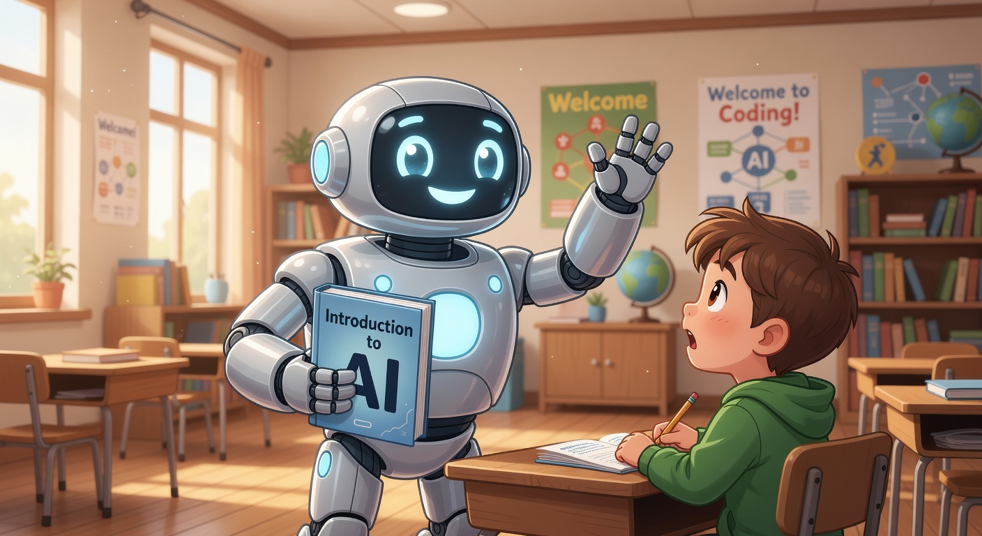 Friendly robot teaching AI concepts to beginners