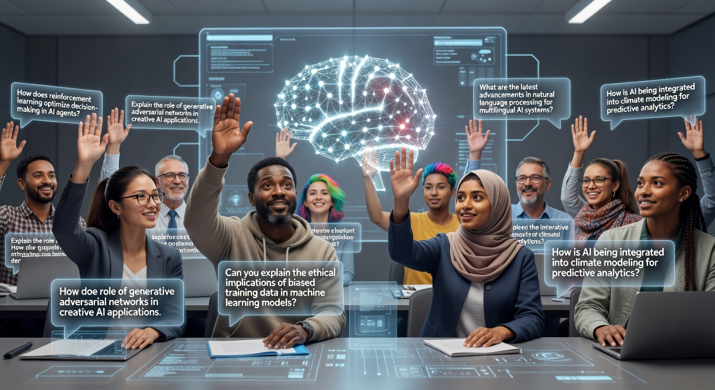 Virtual classroom with diverse learners studying AI